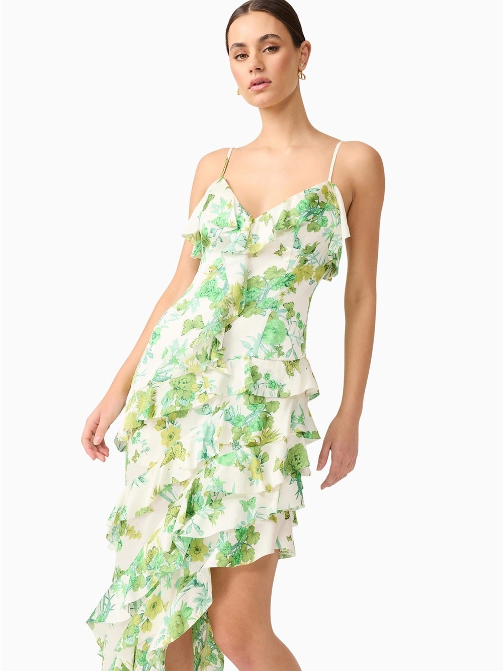 NWT Elliatt Tess Asymmetrical Maxi Dress Green Butterfly Floral Ruffle Sz Small